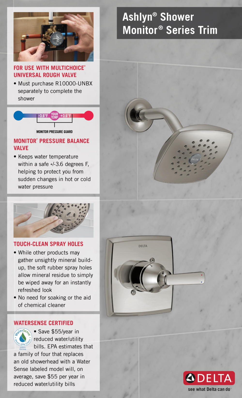 Delta Ashlyn 1Handle Pressure Balance Shower Faucet Trim Kit in Stainless (Valve Not Included